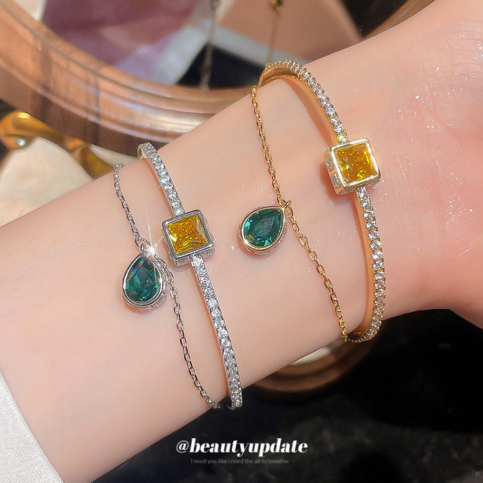 Square Yellow Crystal Green Teardrop Cuff Bracelets