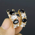 Gold Tone Black Clear Oval CZ Huggie Hoop Earrings view 2