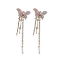 Pink Butterfly Crystal Earrings with Triple Chain Tassels view 5