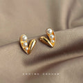 Gold Heart Stud Earrings Three Pearl Accent Metal Alloy view 4
