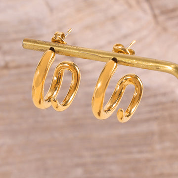 C-Shape Twisted Hoop Stud Earrings Gold Steel Finish