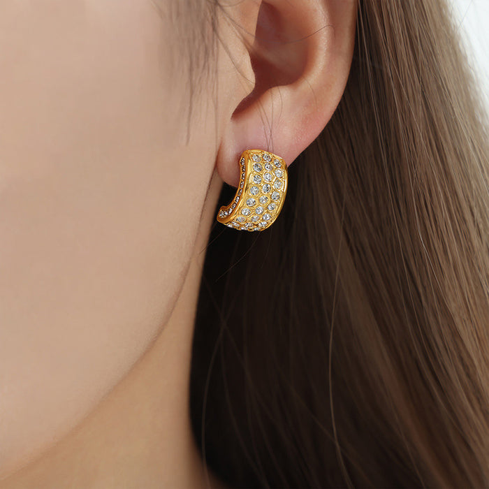 C-Shape Pave Crystal Hoop Stud Earrings Gold Steel Tones