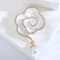 Enamel Camellia Brooch Rhinestone Edge Pearl Drop Pin view 7