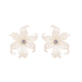 White Pearlescent Lily Flower Stud Earrings Clear Center Crystal view 5