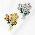 Rhinestone Chrysanthemum Bouquet Brooch With Green Enamel Leaves view 3