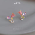 Gold Tone Pink Tulip Vine And Pink Faceted Stone Stud Earrings view 1