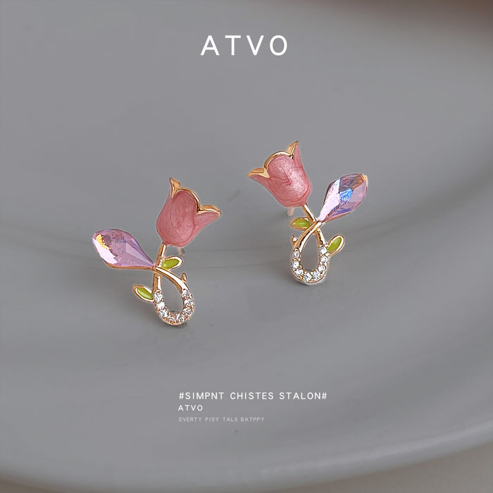 Gold Tone Pink Tulip Vine And Pink Faceted Stone Stud Earrings