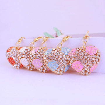 Gold-Tone Heart Keychain With Colored Roses And Clear Rhinestones