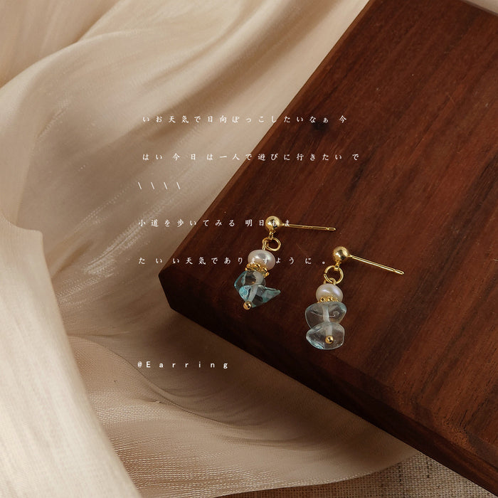 Gold Tone White Pearl And Pale Blue Stone Chip Stud Earrings