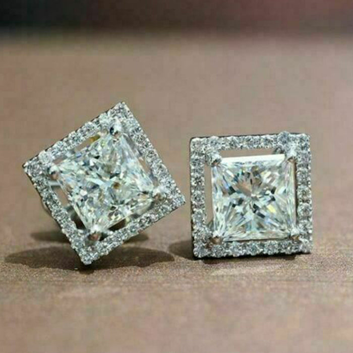 Silver Tone Square Halo Stud Earrings With Polished Clear Stone Detail