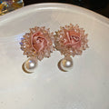 Pink Fabric Flower Stud Earrings With Pearl Drops Statement Pair view 6