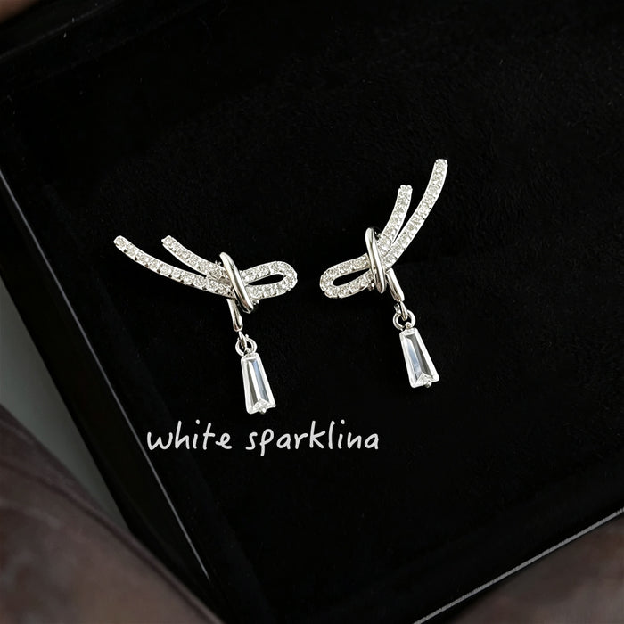 Silver Tone Clear Stone Rope Knot Bow And Teardrop Stud Earrings