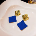 Cobalt Blue Diamond Gold Tone Geometric Dangle Stud Earrings view 2