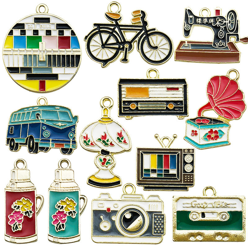 Vintage Enamel Zinc Alloy Bicycle Sewing Machine Camera Charm Pendant for DIY Jewelry Making