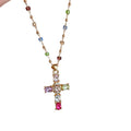 Gold Multicolor Zircon Cross Pendant Beaded Chain Necklace view 5