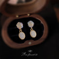Iridescent Rose Stud Pearl Oval Drop Earrings Gold Frame view 3