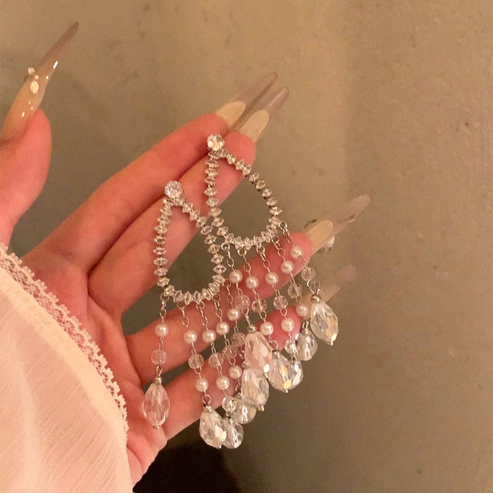 Crystal Teardrop Chandelier Earrings with Pearl Accents