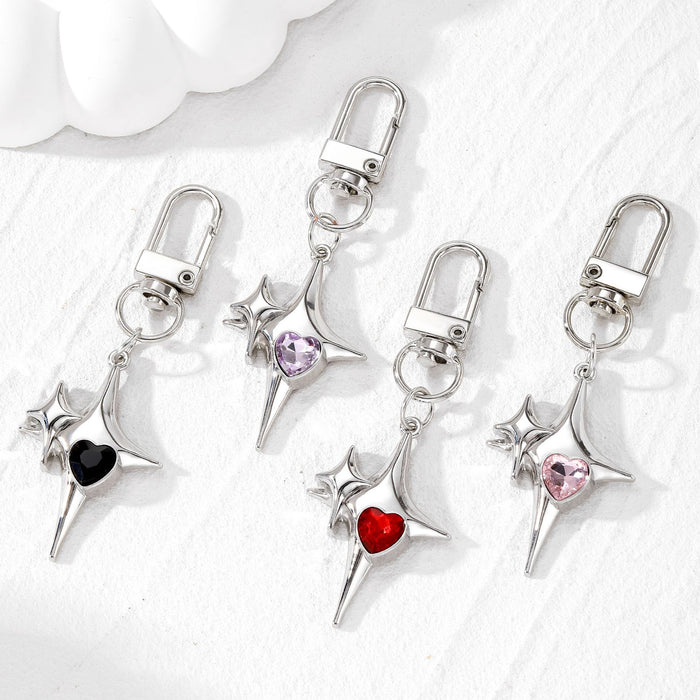 Silver Tone Star Cross Crystal Heart Clip Keychains in Four Colors