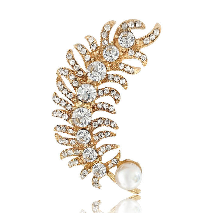Rhinestone Feather Brooch Pin With Pearl Gold Silver 2 Colors