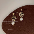 Gold Openwork Rose Drop Earrings White Baroque Pearl Ends view 1