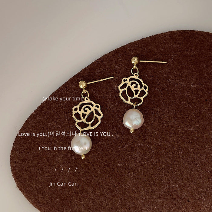 Gold Openwork Rose Drop Earrings White Baroque Pearl Ends