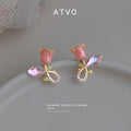 Gold Tone Pink Tulip Vine And Pink Faceted Stone Stud Earrings view 3