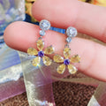 Yellow Flower Dangle Earrings with Multicolor Marquise Stones view 2