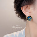 Gold Black Enamel Chain Round Stud Earrings Blue Shell Center view 2
