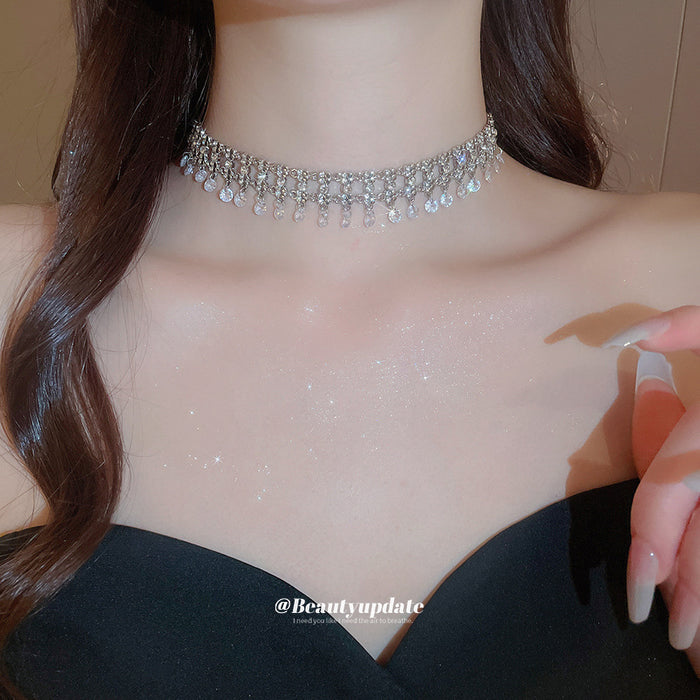 Silver Rhinestone Fringe Drop Wide Band Choker Necklace