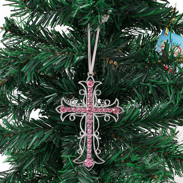 Silver Rhinestone Cross Ornament Metal Hanging Tree Charm