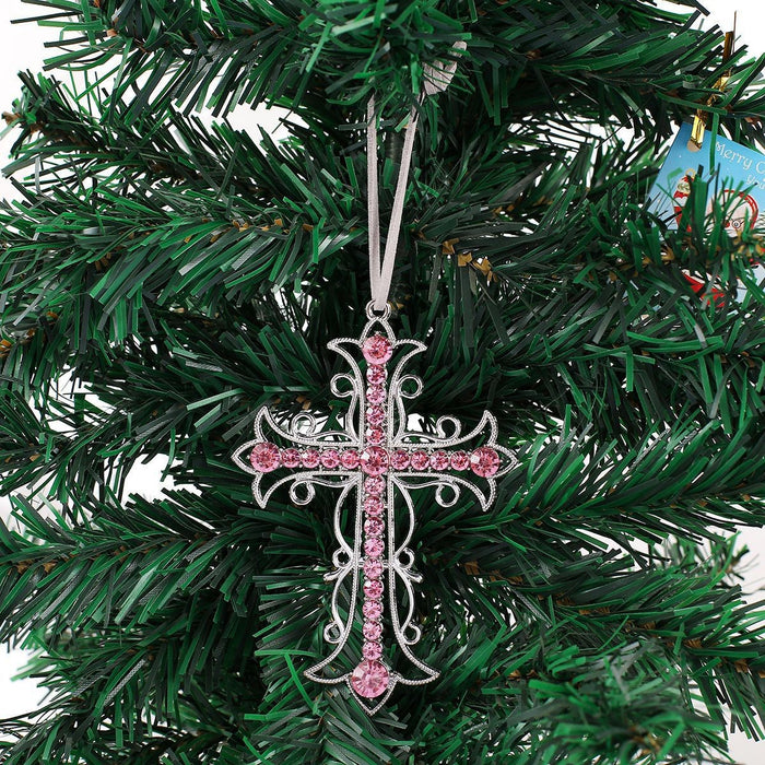 Silver Rhinestone Cross Ornament Metal Hanging Tree Charm