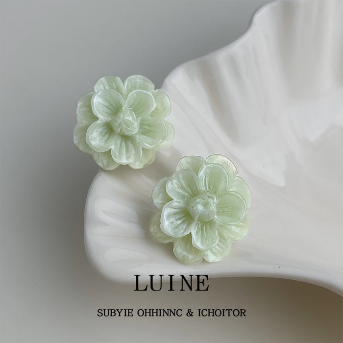 Mint Green Pearlescent Camellia Flower Stud Earrings