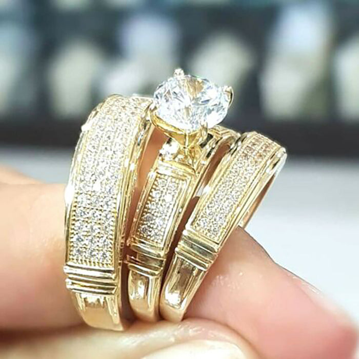 Round Clear Solitaire And Pave Couple Ring Styles In Gold Tone