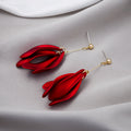 Deep Red Layered Petal Long Statement Drop Earrings view 4