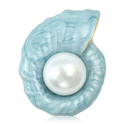 Front view of blue shell brooch with pearl center decorative metal pin