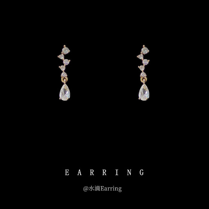 Silver Tone Geometric Clear Stone Long Drop Stud Earrings