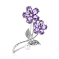 Double Crystal Flower Brooch With Curved Stem and Pearl Accent view 5