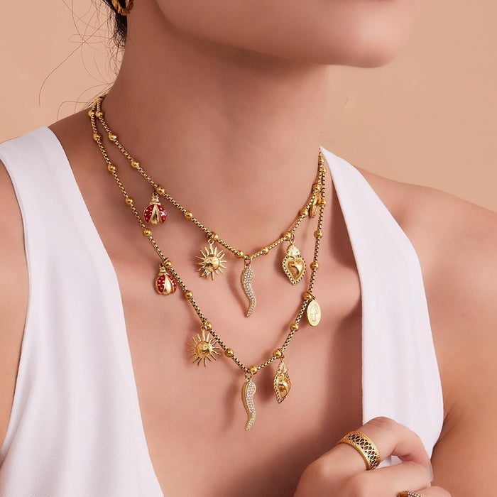 Sun Ladybug Heart and Chili Charm Necklace Collection in Gold Tone