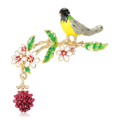 Enamel Bird and Berry Branch Brooch shown against a white display background