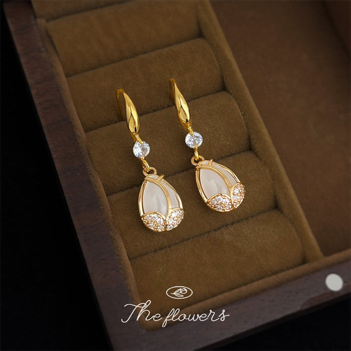 Gold White Tulip Drop Earrings Crystal Base French Hook