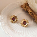 Gold Tone Sunflower Stud Earrings With Burgundy Glitter Round Centers view 6