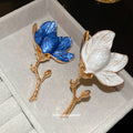 Gold Stem Enamel Magnolia Flower Brooches White and Blue view 4
