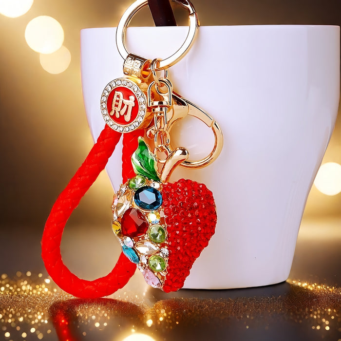 Jeweled Strawberry Keychain with Plain Fortune and Braided Loop Options