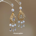 Gold Tone Openwork Teardrop Pearl And Crystal Tassel Earrings view 2