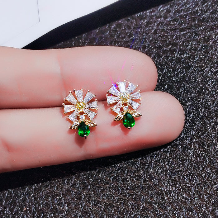 Gold Daisy Clear Baguette CZ Green Teardrop Stud Earrings