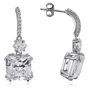 Silver Tone Square Clear Stone Bar Drop Earrings Jewelry