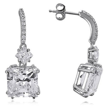 Silver Tone Square Clear Stone Bar Drop Earrings Jewelry