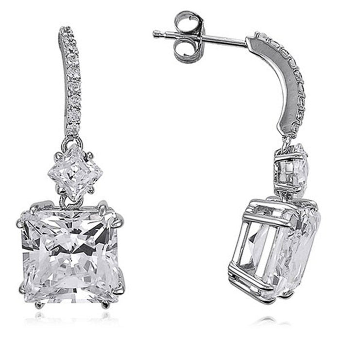 Silver Tone Square Clear Stone Bar Drop Earrings Jewelry