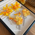 Yellow Fabric Flower Drop Earrings with Silver Chain or Crystal Drops view 3