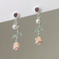 Pink Rosebud Pearl And Leaf Drop Earrings Fashion Jewelry view 1